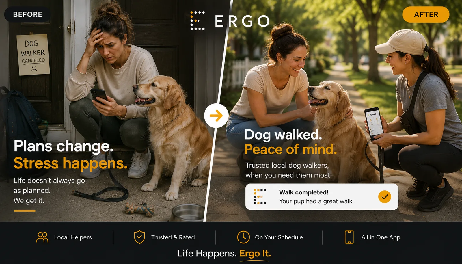 ERGO worker walking a dog after the original dog walker canceled.